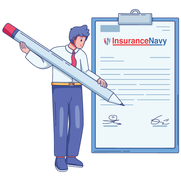 Insurance Navy agent signing an auto insurance policy document highlighting rate comparison fast online quotes bilingual service and personalized coverage for all drivers