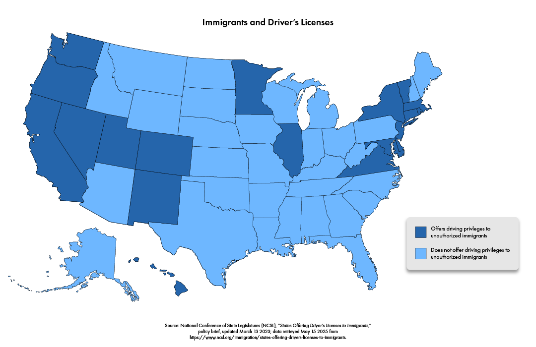 US Map of States that offer drivers licenses to illegal immigrants